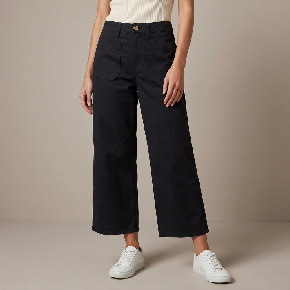 QUINCE Women Chino Cropped Wide Leg Pants 14 Black Organic Cotton Minimalist
